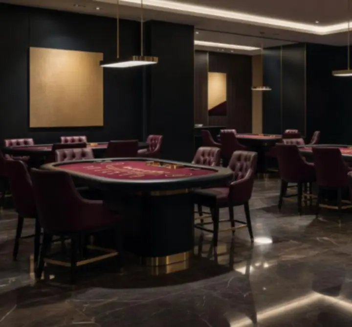 Luksusowe wnętrze kasyna ze stołami blackjack i pokerowymi marki Gryw Spania