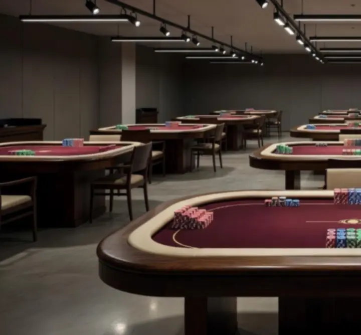 Profesjonalne stoły turniejowe przygotowane do rozgrywek pokerowych